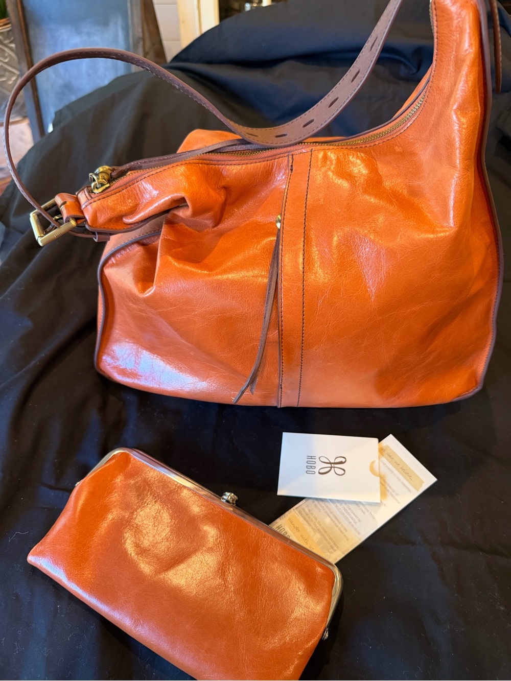 HOBO Carmel Brown Leather Shoulder Bag with Matching Clutch/Wallet